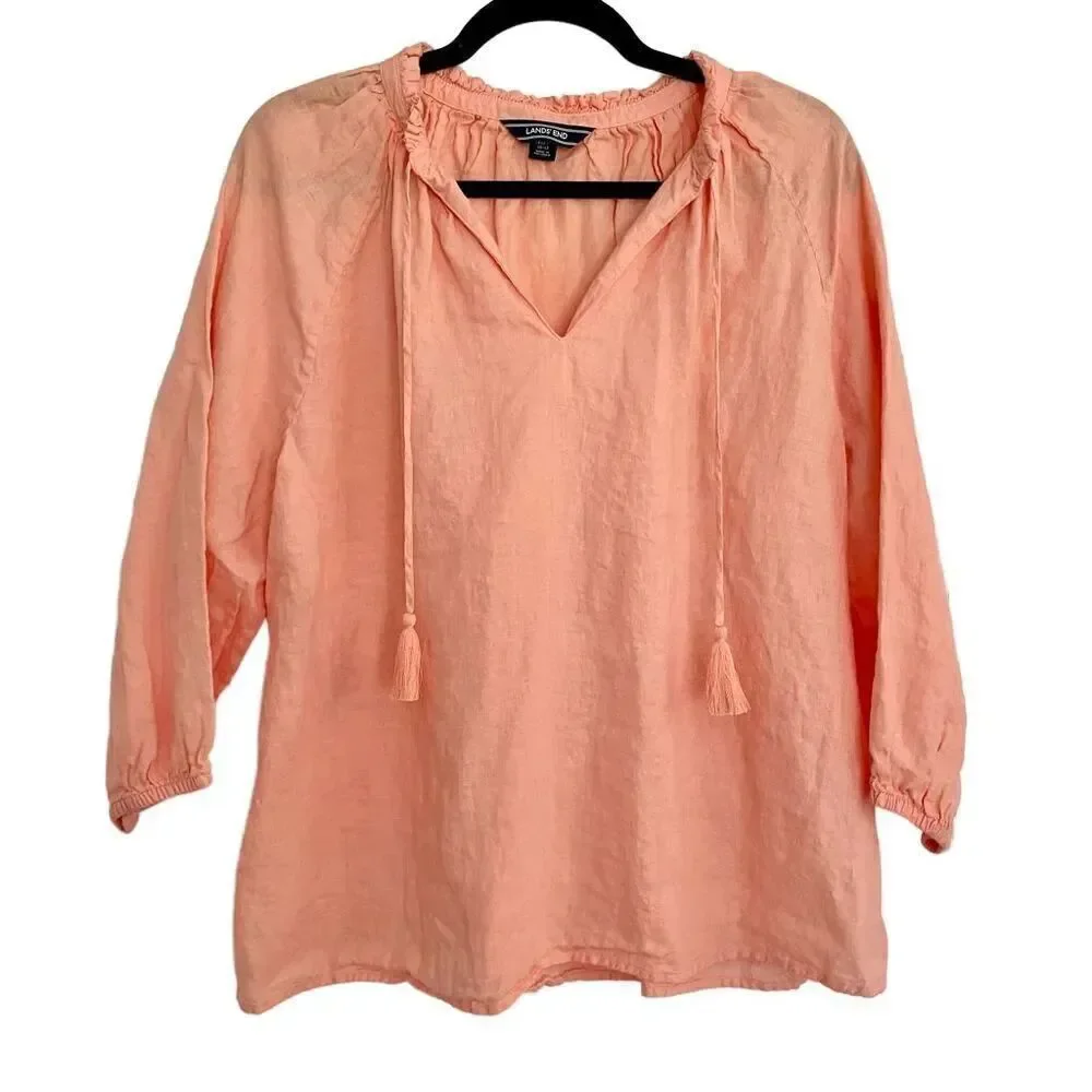 Lands end 100% linen peasant tassel blouse size m